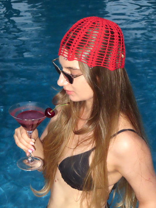 Red Crochet Cotton Beanie
